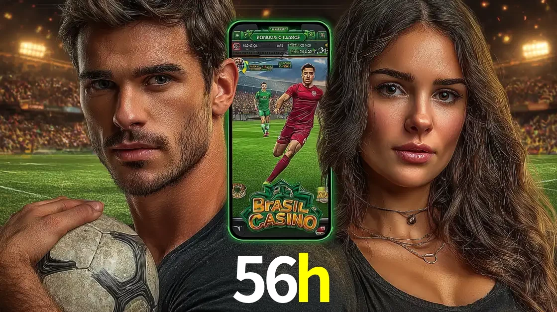 Homem segurando uma bola de futebol e uma mulher ao lado de um smartphone exibindo o jogo de apostas esportivas da 56h. Faça seu palpite no cassino online.